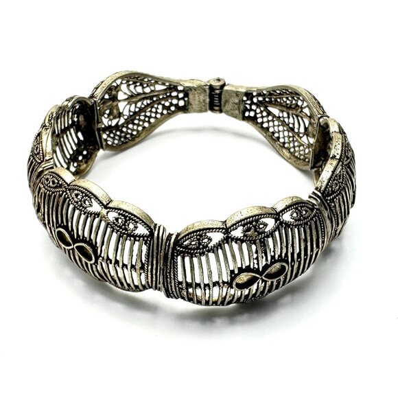 Vintage Filigree Hinged Clamper Bracelet — Ornate Ottoman Design — EUC - Picture 7 of 11
